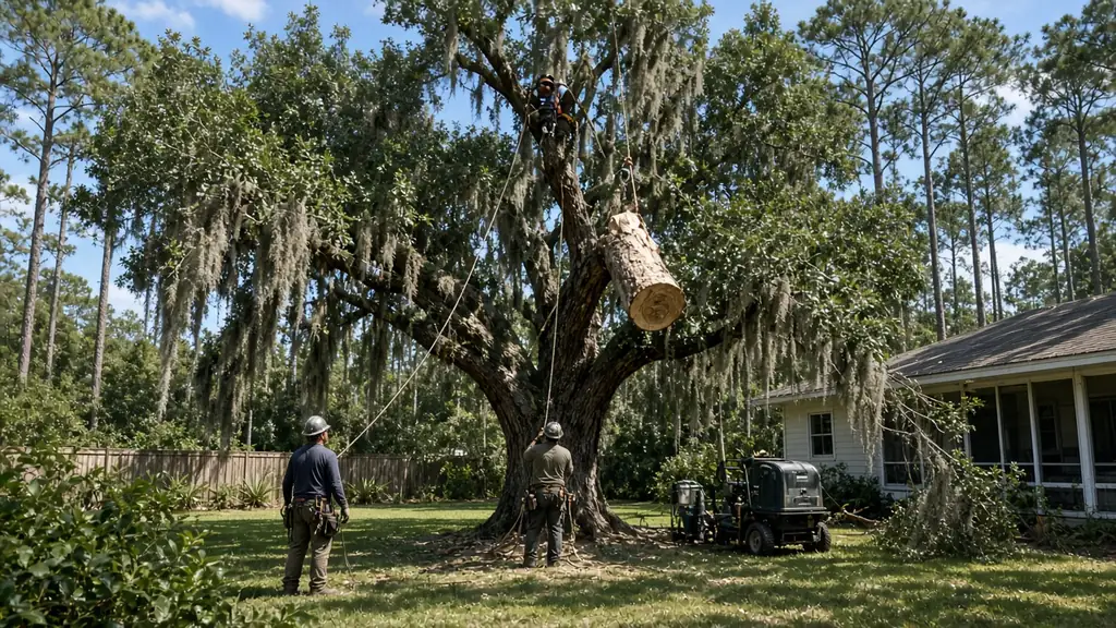 Tree crew removing a large live oak draped in Spanish moss from a sunny Pensacola, FL backyard