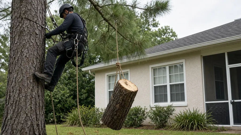 Climber lowering a cut pine section during a backyard tree removal in Pace, FL