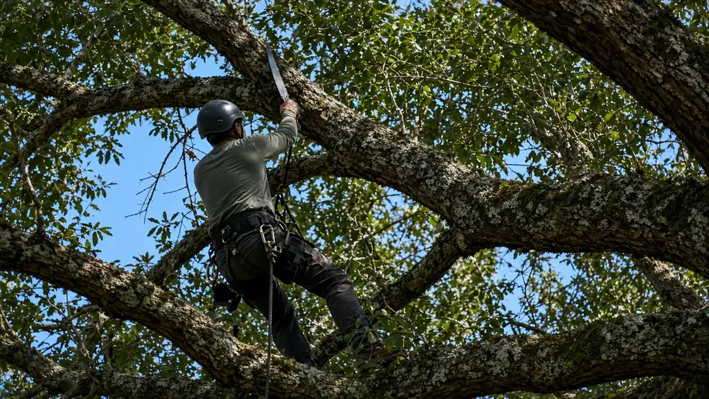 Arborist pruning a live oak limb from a harness in Gulf Breeze, FL